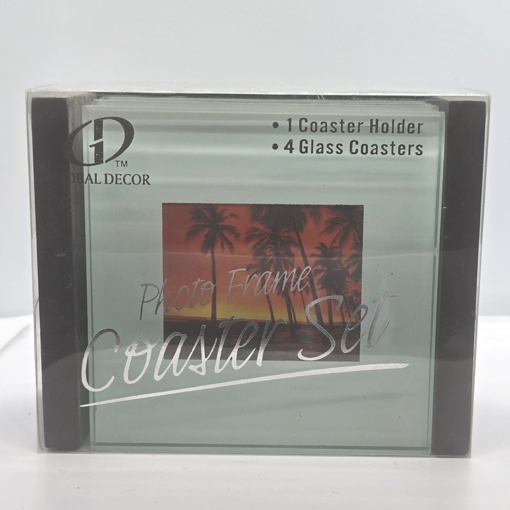 Global Decor Photo Frame Glass Coaster Set Tropical Sunset New In Box 3.5"